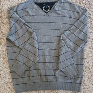Tommy Hilfiger Men's V Neck Sweater Grey Stipe Size Large Cotton Preppy Gorpcore